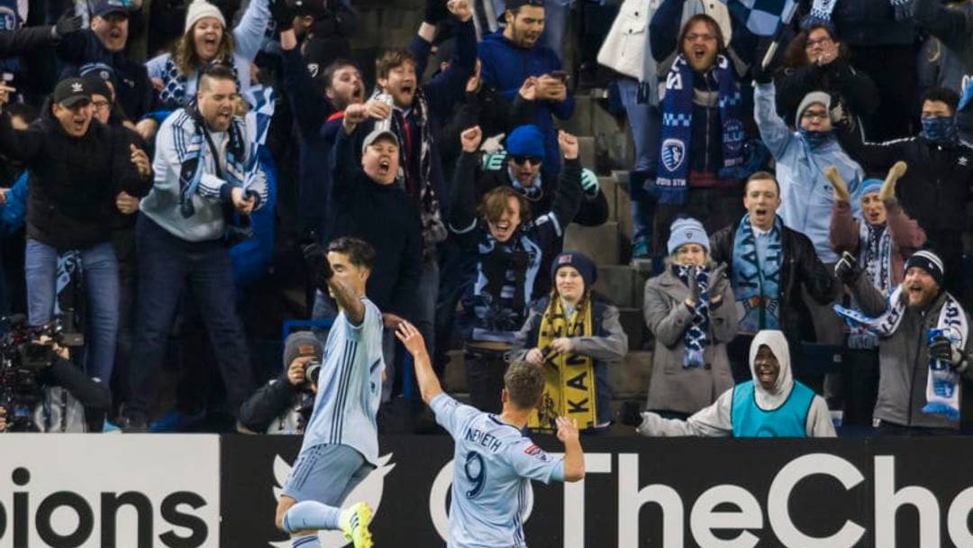 KANSAS CITY, KS - FEBRUARY 21: Sporting Kansas City forward Krisztian Nemeth (9) celebrates with the crowd after scoring a goal during the Round of 16 CONCACAF Champions League match between Sporting Kansas City and CD Toluca on Thursday February 21, 2019 at Children's Mercy Park in Kansas City, KS. (Photo by Nick Tre. Smith/Icon Sportswire via Getty Images)